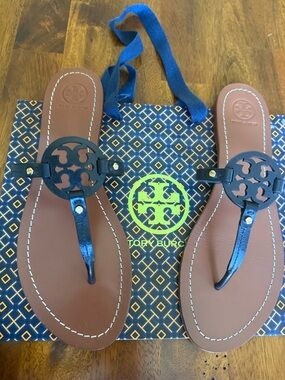 Tory Burch Designer Brown Leather Thong Sandals with Black Logo Medallions